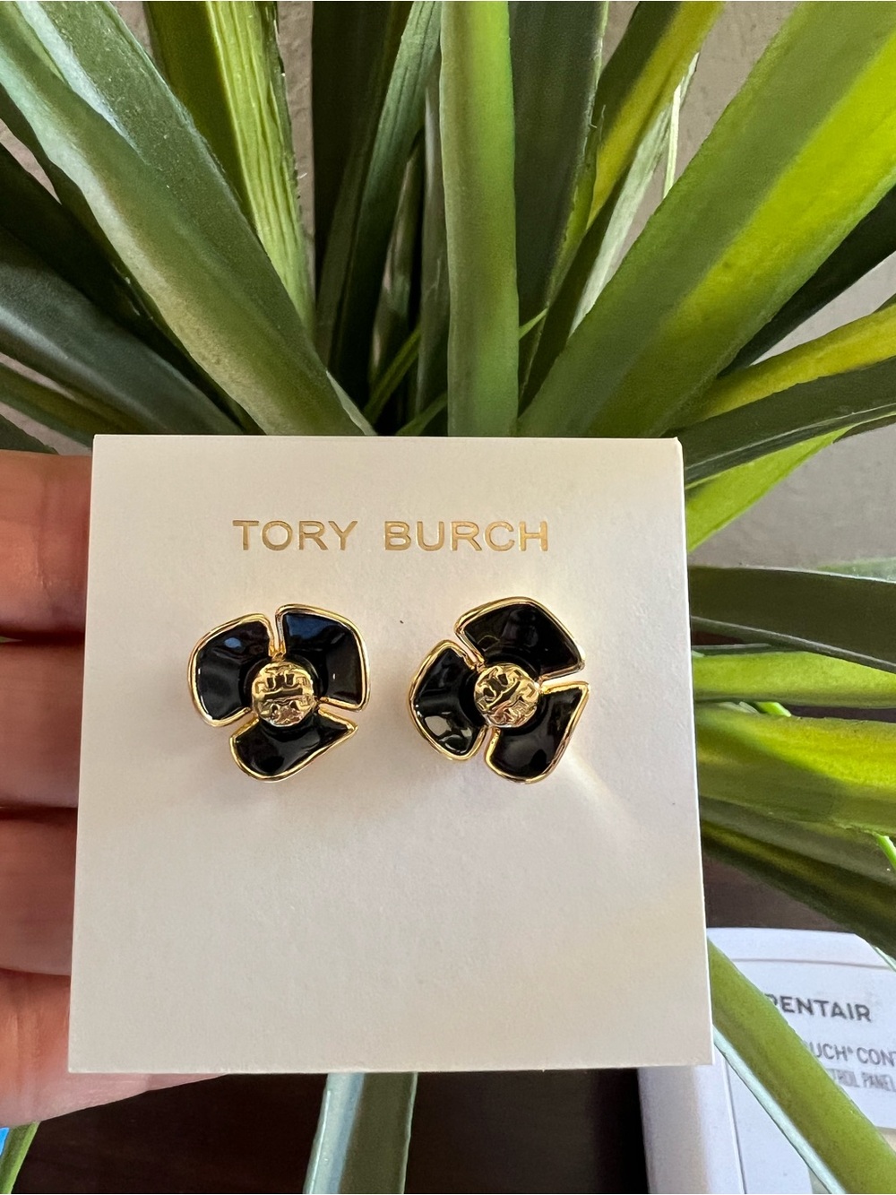 Tory Burch Black and Gold Floral Earrings